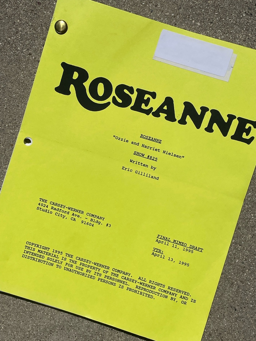 Roseanne Vtg 1995 Production Used Final Mimeo Draft Script fka Ozzie & Harriet